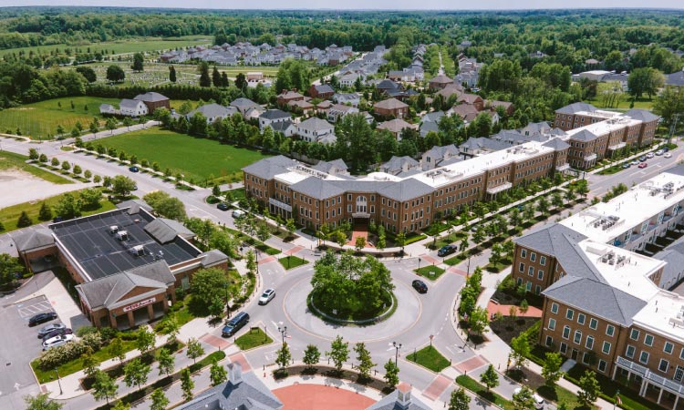 Aerial view of the Stefanov Circle roundabout at Market and Main in New Albany, Ohio, on a sunny summer day.