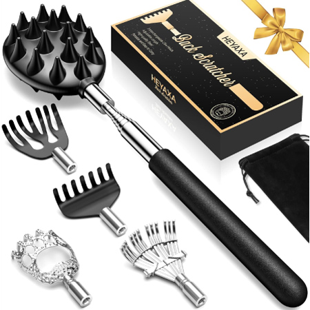 One of the more handy white elephant gift ideas — a back-scratcher with a variety of claw and rake-style attachments in black and silver.