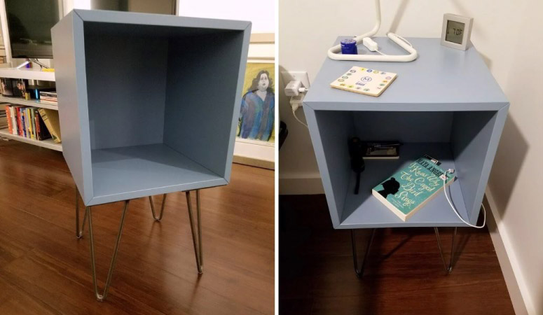 A bedside table made from one of IKEA’s EKET cubes and some hairpin legs from Etsy.