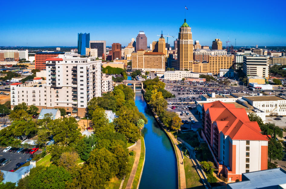 Aerial view of San Antonio, Texas, on a sunny day