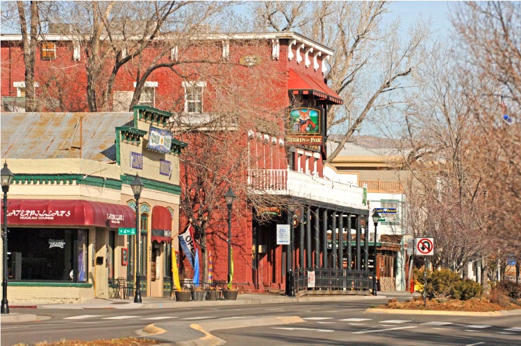 The view down Carson Street in Carson City, Nevada. The Saint Charles Hotel and The Fox Brewpub can be seen halfway down the street. 