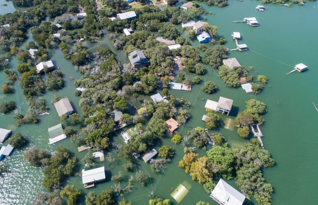 Aerial view of a flooded suburban neighborhood