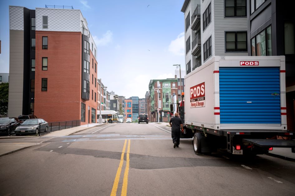 A PODS City Service truck is parked while helping someone move in Washington, D.C.