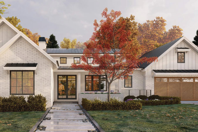 Street view of a residential home in Belcaro — one of the safest neighborhoods in Denver — featuring a white brick exterior, wood-panel garage door, and black accented windows.