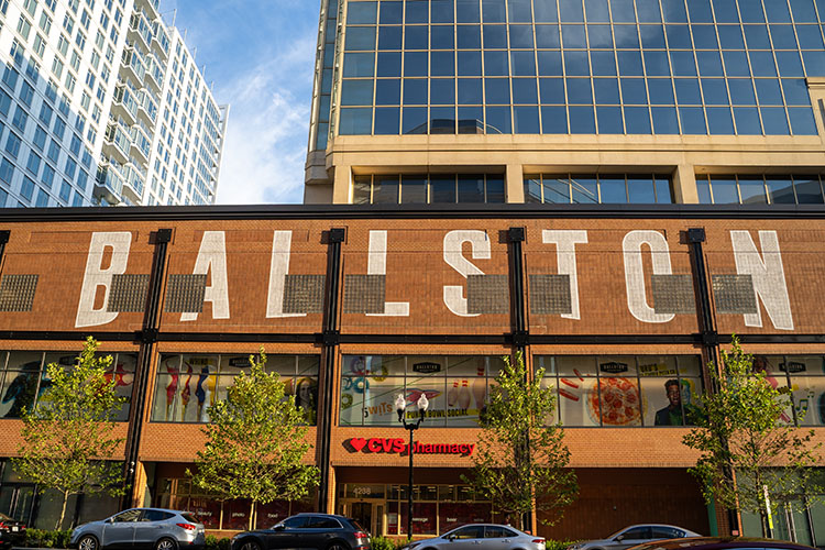 An exterior view off Ballston strip mall. 