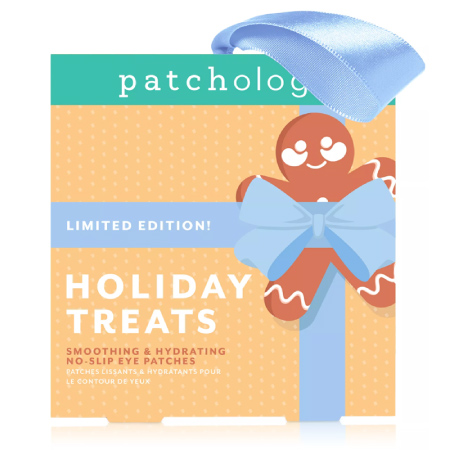 Box of Patchology Limited Edition Holiday Treats Smoothing & Hydrating No-Slip Eye Patches, with an image of a gingerbread cookie wrapped in a blue bow.