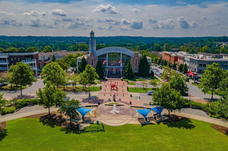 Aerial view of the Town Hall in Suwanee — one of the many cities near Atlanta, GA