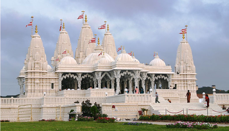 Exterior view of the beautiful BAPS Shri Swaminarayan Mandir Hindu temple in Houston, Texas.