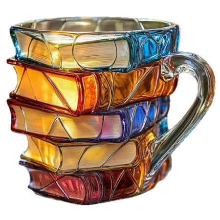 A coffee mug designed to look like a stack of jewel-toned books makes a great addition to any list of white elephant gifts.