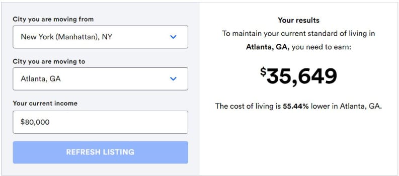 Example of a Cost of Living Comparison between New York (Manhattan), NY, and Atlanta, GA