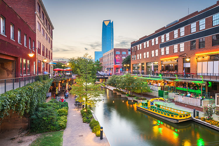 The Oklahoma City neighborhood of Bricktown at dusk 