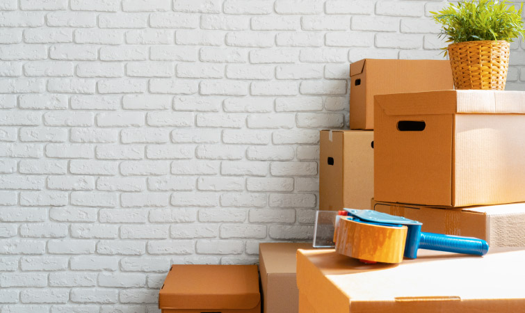 Several small moving boxes are stacked against an interior brick wall. There is a small house plant and a roll of packing tape atop two of the boxes.