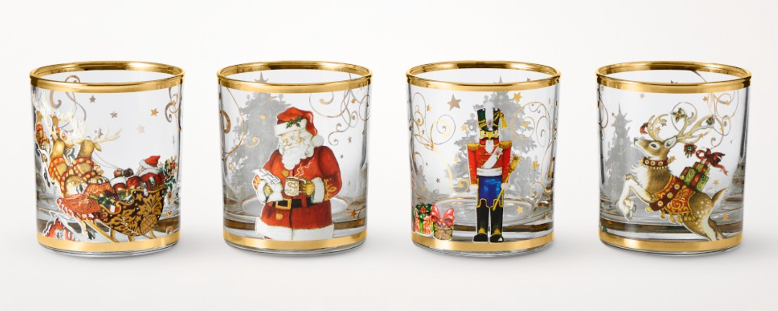 A set of four holiday-themed highball glasses, which are perfect last-minute Christmas gifts for hostesses.