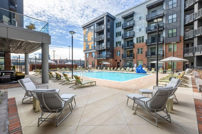 Poolside view of the apartments at The Artreaux in Winston-Salem, North Carolina.