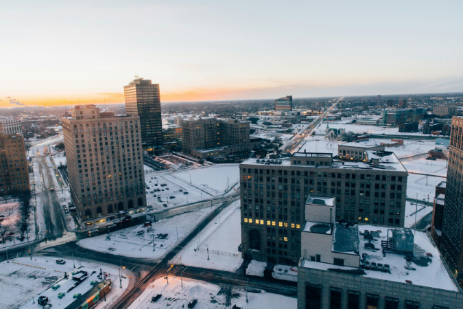 Aerial view of Detroit in the snow.