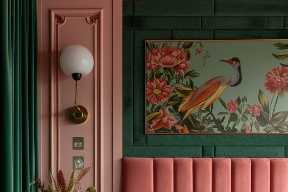 a pink and green bedroom with a bird painting on the wall. 