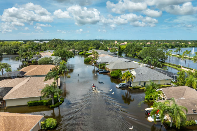 A small motor boat travels along a flooded residential street in Sarasota, Florida, following Hurricane Debby.