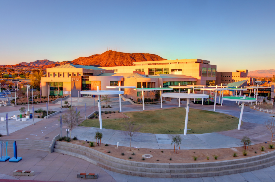 A view of City Hall in Henderson, NV at twilihgt.