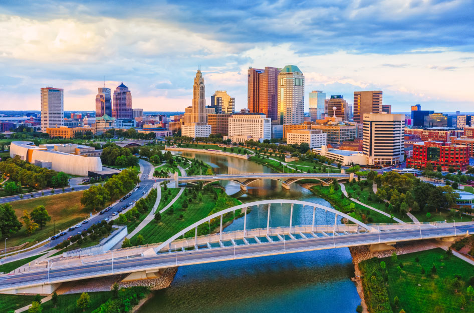 Aerial view of Downtown Columbus, Ohio, and the Scioto River just after sunrise.