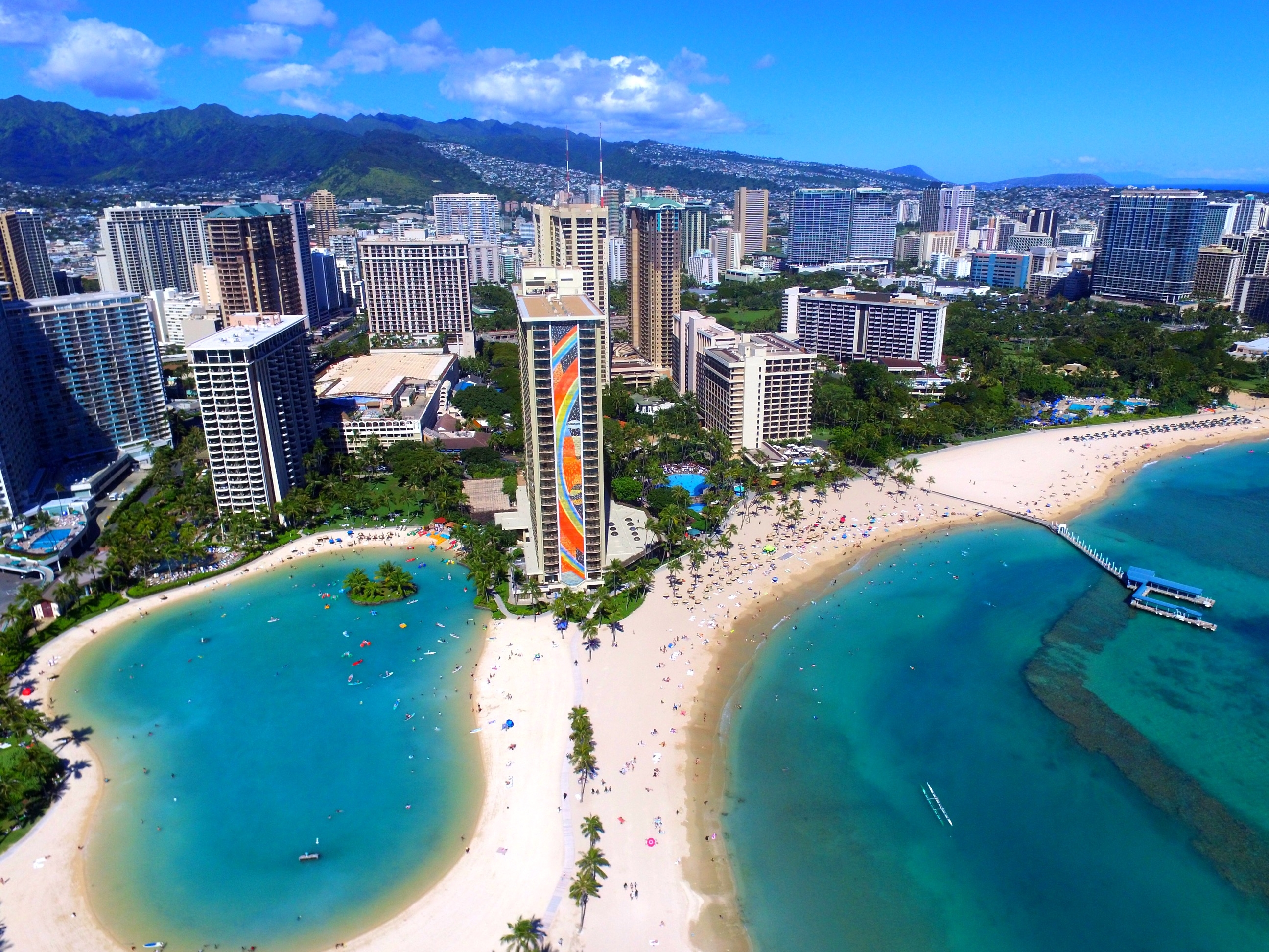 An overhead shot of downtown Honolulu from the beach