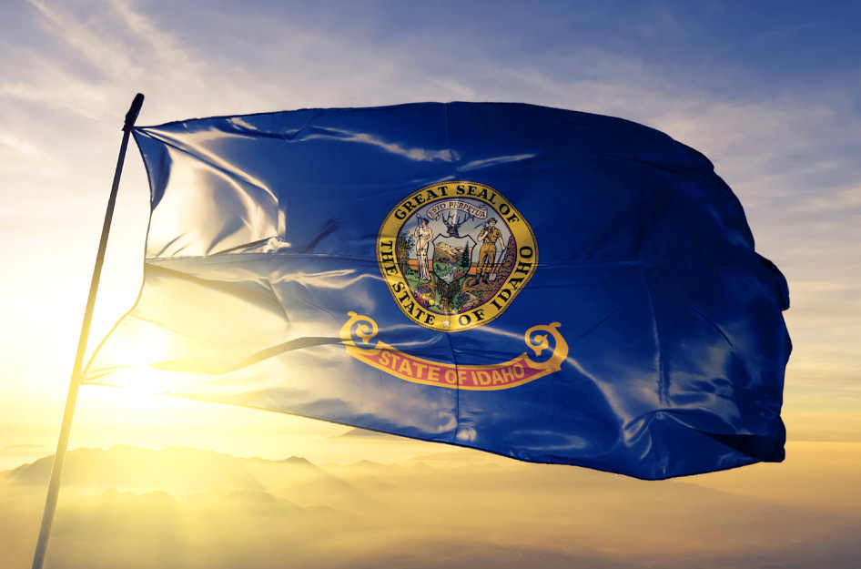 The state flag of Idaho is blowing in the wind at the top of a flagpole.