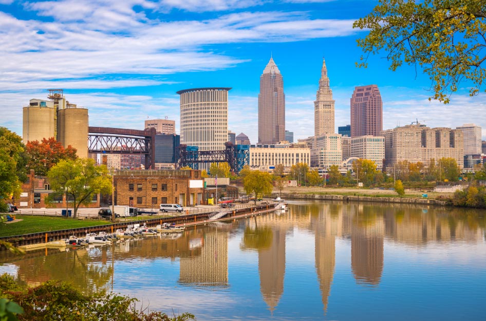 The Downtown Cleveland, Ohio, skyline seen from across the river on a beautiful sunny day.