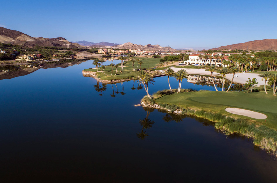Aerial view of beautiful Lake Las Vegas, one of the best places to live in Henderson, Nevada. Residents enjoy water sports, golfing, and spectacular views.