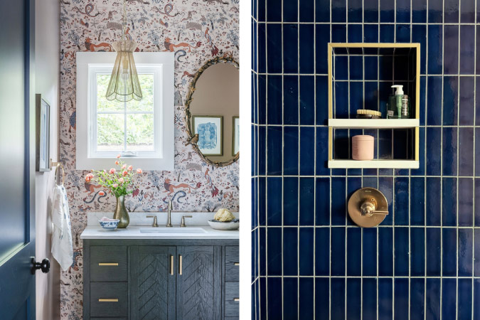 A renovated bathroom utilizing several home remodeling ideas, including whimsical floor-to-ceiling wallpaper, jewel toned shower tiles, and an ornate gold mirror.