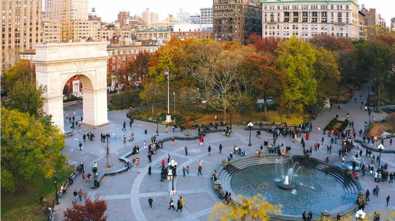 Aerial view of Washington Square Park in Greenwich Village — one of the safest neighborhoods in Manhattan.