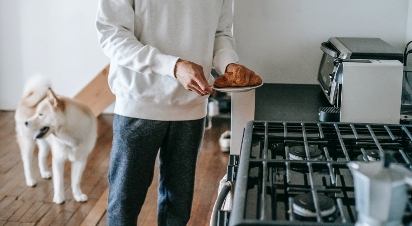  A man prepares to heat up a croissant in a toaster oven as his fluffy dog waits patiently nearby.