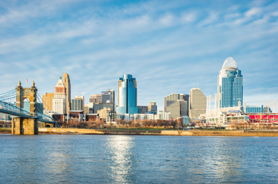 An image of the skyline of Cincinnati, OH, a familiar sight to those living in Cincinnati.