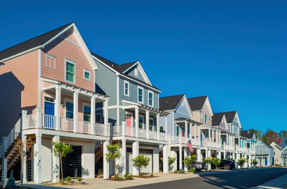 A row of colorful, modern beach-style homes line a neighborhood street in Myrtle Beach, South Carolina, one of the most popular cities to move to in 2026.