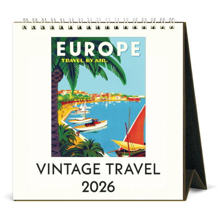 A calendar labeled “Europe Travel By Air, Vintage Travel 2026,” with a brightly-colored illustration of a seaside scene with a palm tree and sailboats.