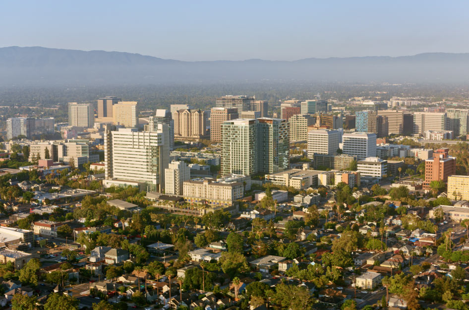 Aerial view of the skyscrapers in San Jose, California, and the surrounding residential areas.