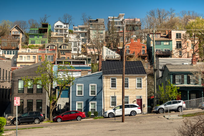 Cincinnati’s historic Over-The-Rhine neighborhood, featuring homes built onto a hillside in an eclectic mix of architectural styles.