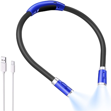 A wraparound light with an ergonomic tube design in blue and black and two individual lights for reading at night.