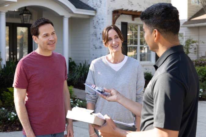 A couple is speaking with a PODS moving professional outside their home while planning the logistics of an upcoming PCS move.