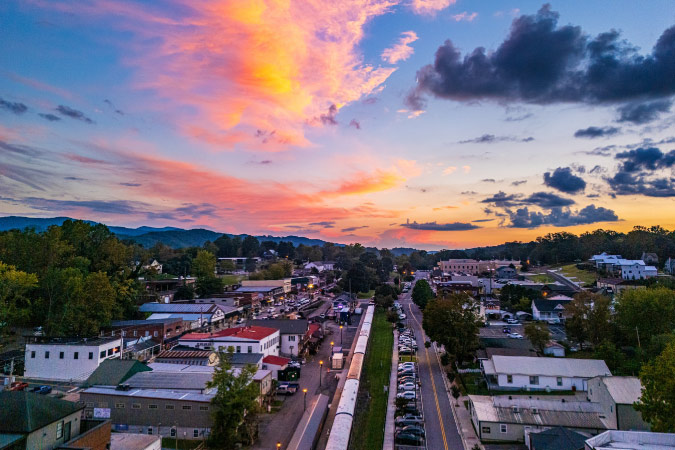 Sunset view of Downtown Blue Ridge — a popular spot to visit for those living in Canton, GA.