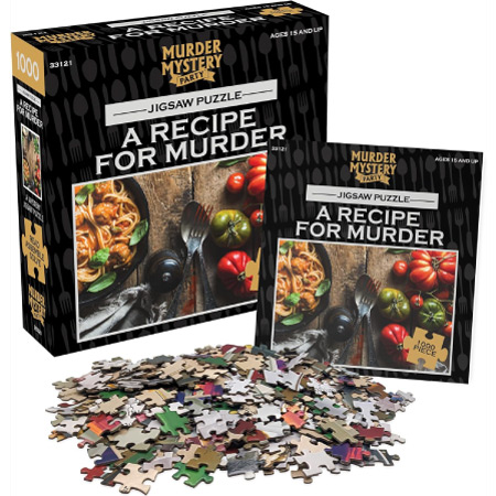 Two boxes labeled “A Recipe for Murder,” a jigsaw puzzle for adults with 1,000 pieces.