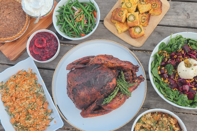 A traditional Thanksgiving day spread on a picnic table at East of Texas, a popular restaurant in Winston-Salem, NC.