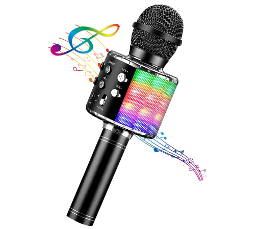 A wireless karaoke microphone with LED lights and multiple function buttons