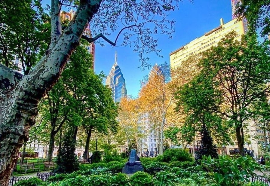 A view of tall city buildings in Rittenhouse Square, one of the best Philadelphia neighborhoods.
