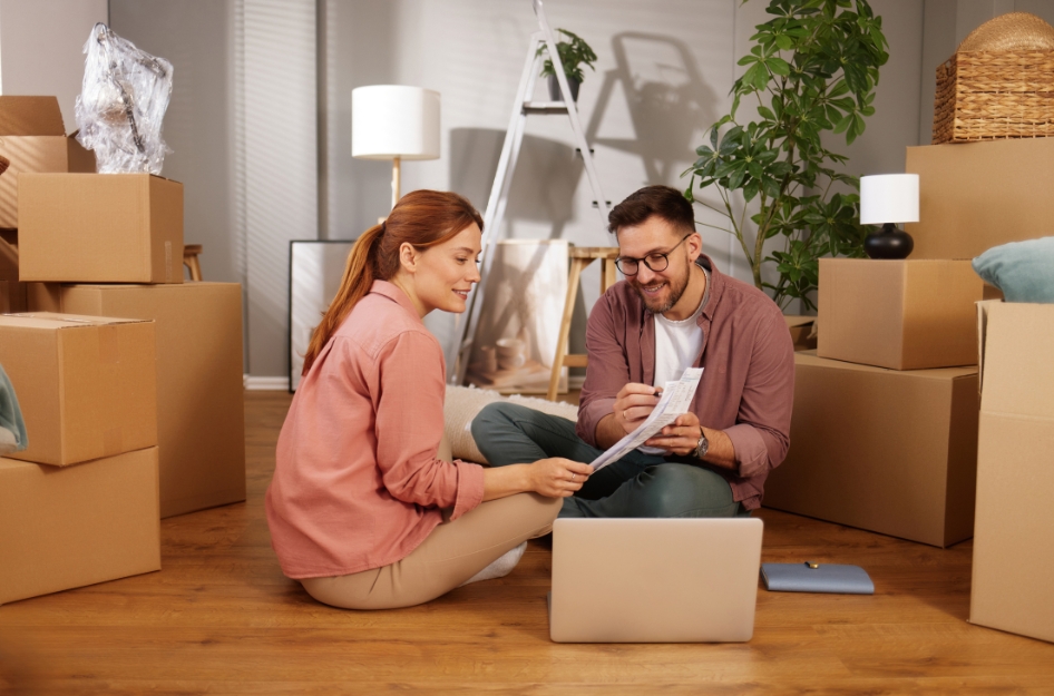 A couple is surrounded by packed moving boxes in their living room, reviewing paperwork and discussing tax deductions for moving before their relocation.