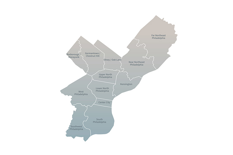 A simple map showing different Philadelphia neighborhoods and regions