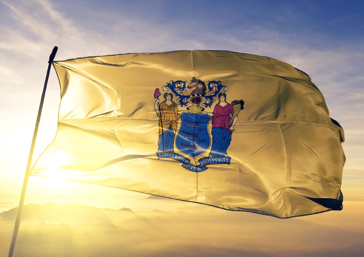 The state flag of New Jersey, blowing in the wind at the top of a flagpole with the setting sun and a range of mountains behind it.