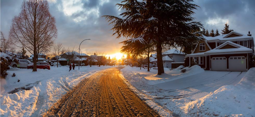 Photo of a neighborhood blanketed in snow, taken in Fraser Heights, Surrey, BC, Canada.