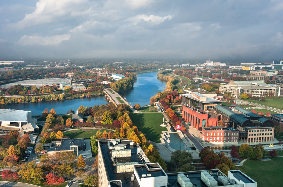 Aerial view of Indianapolis, Indiana, and the White River.