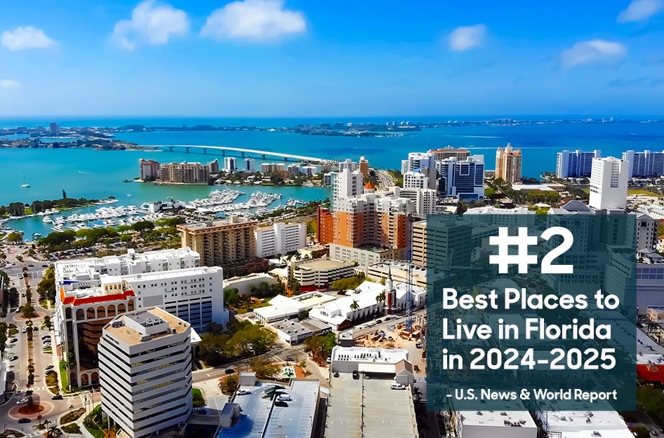 Aerial view of Sarasota, Florida, on a beautiful summer day. The overlaid text reads “#2 Best Places to Live in Florida in 2024-2025. - U.S. News & World Report.”