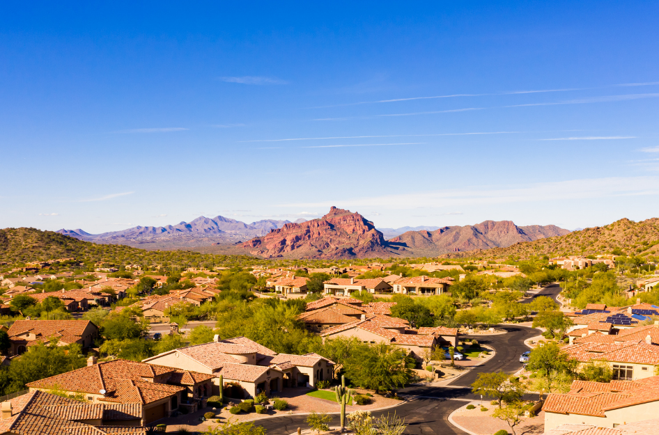 A view of one of the best neighborhoods in Mesa, AZ surrounded by mountains.