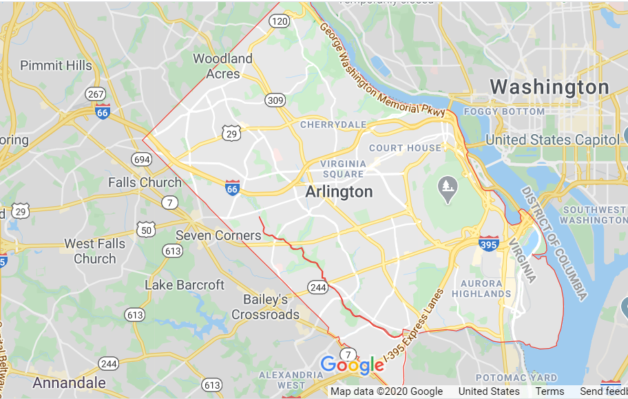 Screenshot of a Google map showing Arlington, Virginia, across the river from Washington, DC.